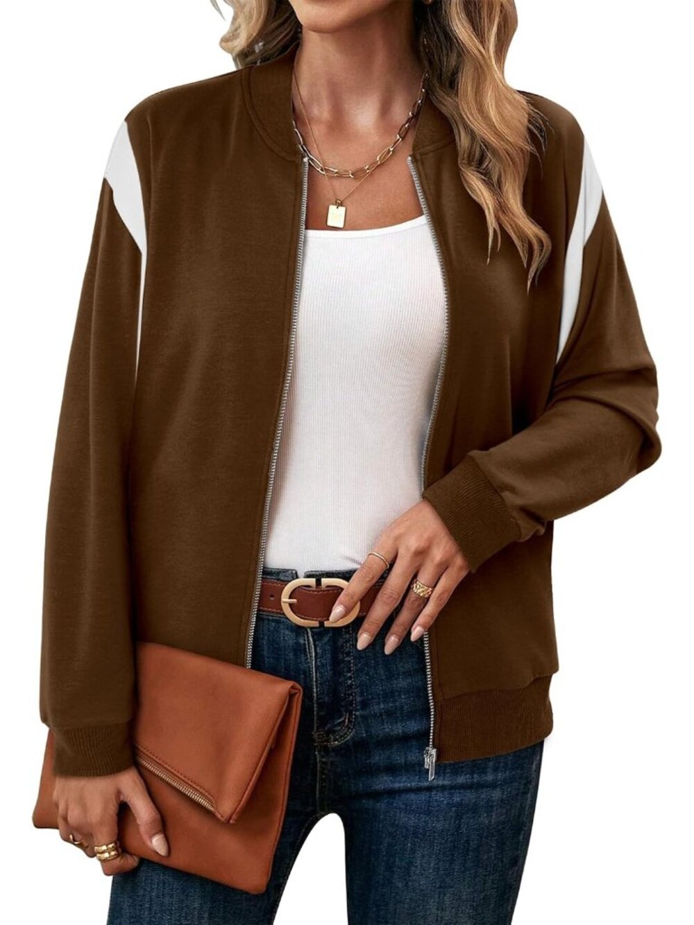 🆕 Women's Brown White Color Block Bomber Jacket Zip Up Casual Lightweight Coat
